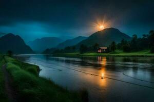 the moon shines over a river and a house. AI-Generated photo