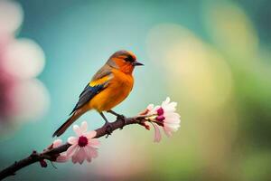 a small bird is perched on a branch with pink flowers. AI-Generated photo