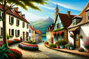 a painting of a street with flowers and houses. AI-Generated photo