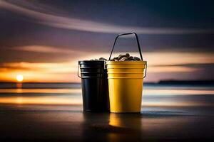 two buckets on the beach at sunset. AI-Generated photo