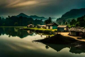 photo wallpaper the sky, mountains, water, houses, the village, the lake, the village. AI-Generated