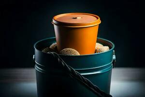 a coffee cup sitting in a bucket with some balls. AI-Generated photo