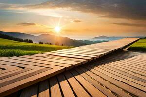 a wooden walkway in the mountains with the sun setting. AI-Generated photo