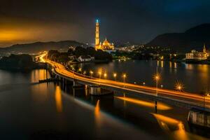 the bridge over the river at night with a mosque in the background. AI-Generated photo
