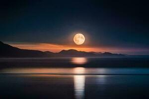 el Luna sube terminado el Oceano y montañas. generado por ai foto