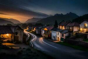 un calle en el montañas a oscuridad. generado por ai foto