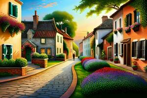 an oil painting of a street with flowers and houses. AI-Generated photo