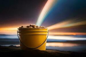 a bucket of peanuts on the beach at sunset. AI-Generated photo