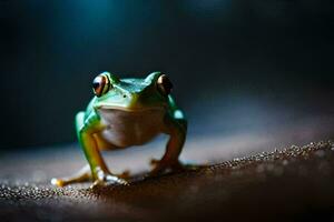 a frog is sitting on a dark background. AI-Generated photo