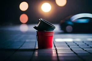 a red bucket and a car are sitting on a street. AI-Generated photo