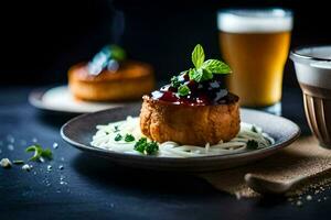 un plato con un postre y un taza de café. generado por ai foto