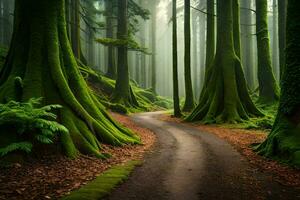 un camino mediante un verde bosque con arboles generado por ai foto