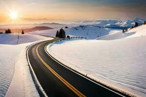 a road in the snow with the sun setting. AI-Generated photo