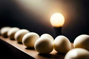 a row of eggs on a wooden board with a light bulb. AI-Generated photo