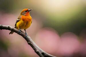 a small orange bird is perched on a branch. AI-Generated photo