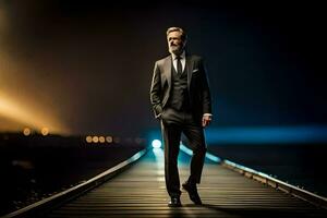 a man in a suit and tie standing on a railroad track. AI-Generated photo