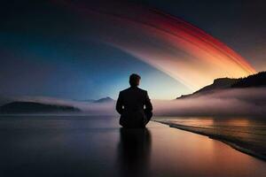 a man in a suit sits in front of a rainbow. AI-Generated photo