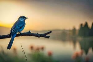 a blue bird sits on a branch near a lake. AI-Generated photo