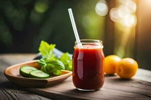 a glass of juice with cucumber and tomatoes. AI-Generated photo