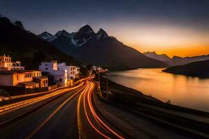 a road with light trails in the foreground and mountains in the background. AI-Generated photo