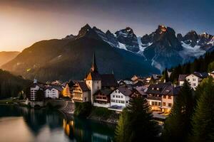 the sun sets over a mountain town in the alps. AI-Generated photo