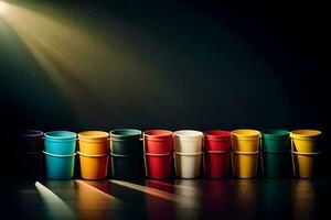 a row of colorful cups on a dark background. AI-Generated photo