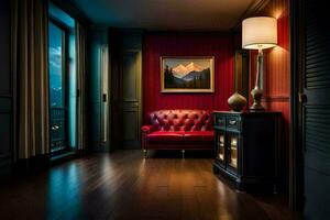 a red leather couch sits in a room with a painting on the wall. AI-Generated photo