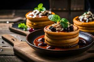 pancakes with sauce and berries on a wooden table. AI-Generated photo