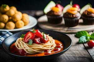 spaghetti with tomato sauce and strawberries on a plate. AI-Generated photo