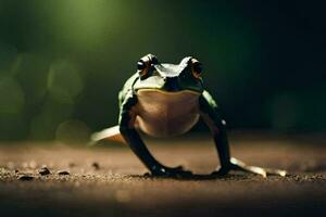 a frog is standing on the ground with its eyes open. AI-Generated photo
