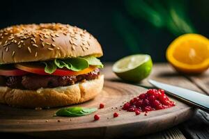a hamburger with tomatoes, lettuce and other ingredients. AI-Generated photo