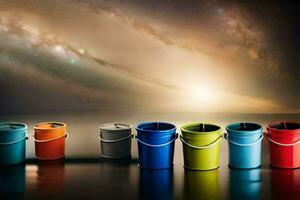 colorful buckets lined up against a dark background. AI-Generated photo