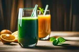 dos lentes de verde jugo con naranjas y menta hojas. generado por ai foto