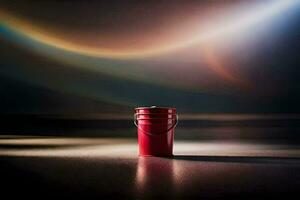 a red bucket sitting on a dark floor. AI-Generated photo