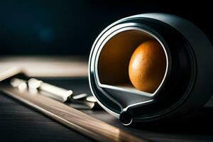 an egg in a bowl on a table. AI-Generated photo