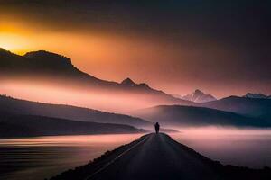 un hombre soportes en un la carretera en frente de un montaña rango. generado por ai foto