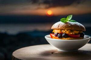 a burger with blueberries and mint on top. AI-Generated photo