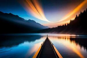 un largo muelle en el medio de un lago a puesta de sol. generado por ai foto