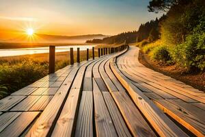 a wooden walkway leading to the sunset. AI-Generated photo