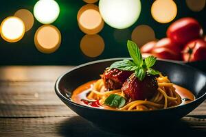 espaguetis con albóndigas y tomate salsa en un de madera mesa. generado por ai foto