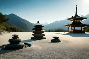 un pagoda en el medio de un arena duna con rocas apilado en cima. generado por ai foto