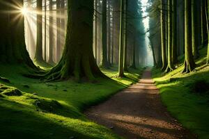 un camino mediante un bosque con arboles y césped. generado por ai foto