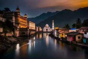 the river in front of a mosque in india. AI-Generated photo