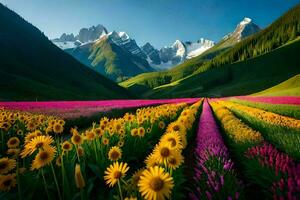 a field of flowers and mountains in the background. AI-Generated photo