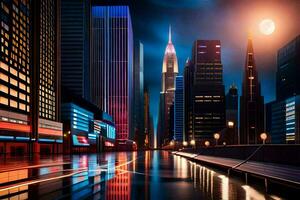 noche paisaje urbano con rascacielos y luces. generado por ai foto