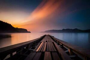 a long pier stretching out into the water at sunset. AI-Generated photo