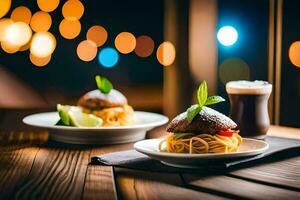 two plates with spaghetti and a drink on a table. AI-Generated photo