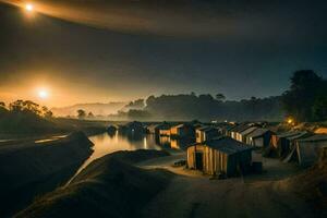 a river and some huts at sunset. AI-Generated photo