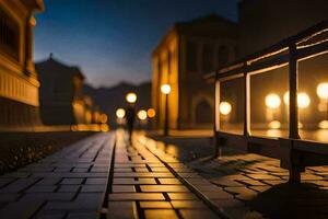 a street with a bench and lights at night. AI-Generated photo