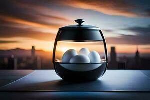 eggs in a jar on a table with a city in the background. AI-Generated photo